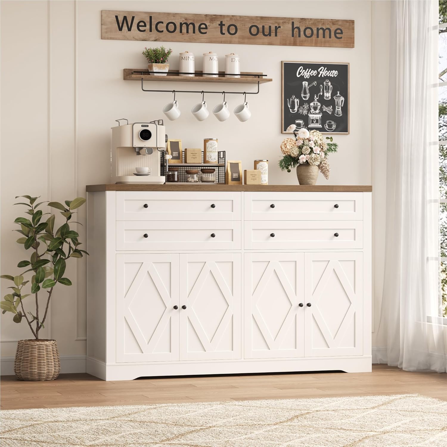 HOSTACK Drawers Farmhouse Sideboard Adjustable
