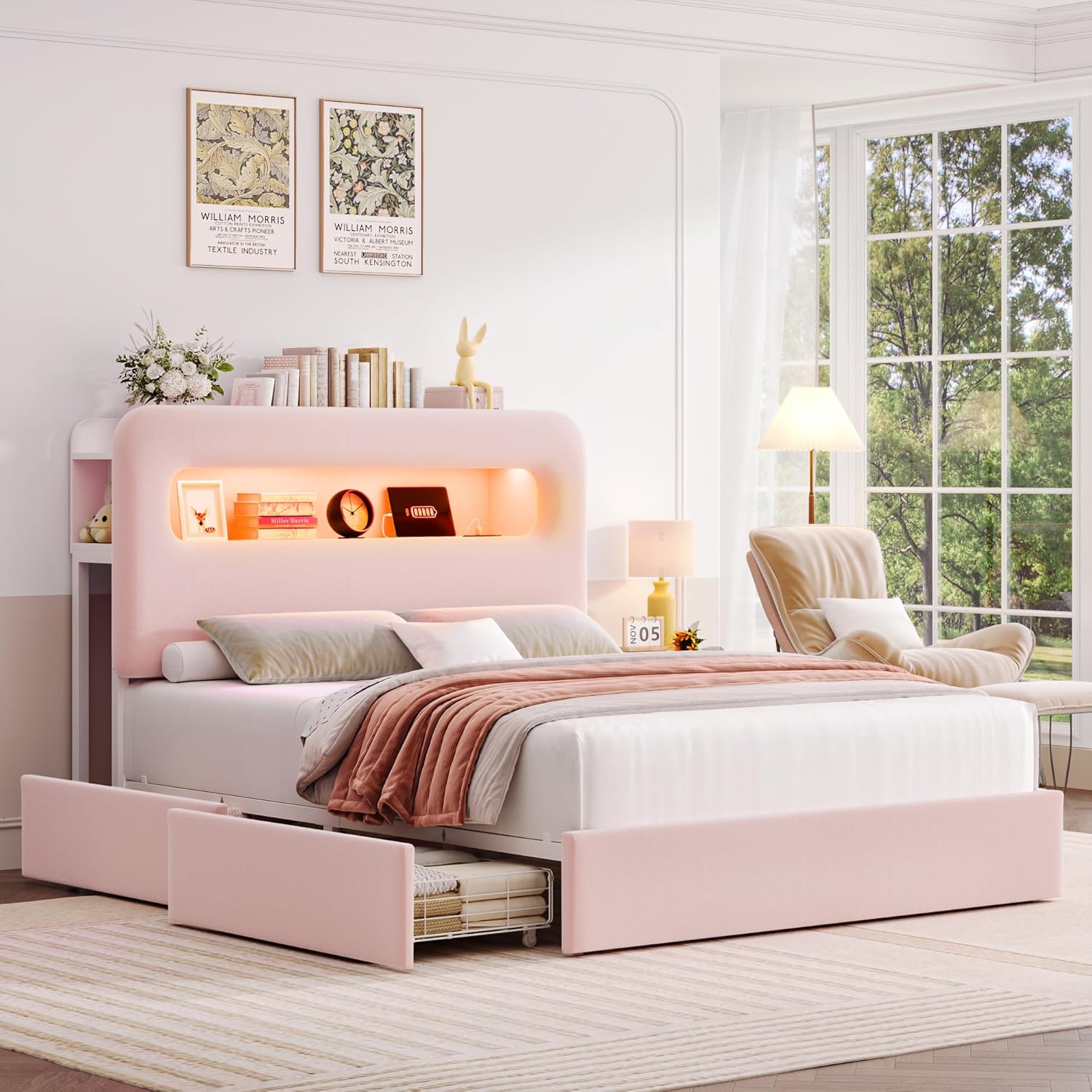 HOSTACK Headboard Charging Upholstered Platform
